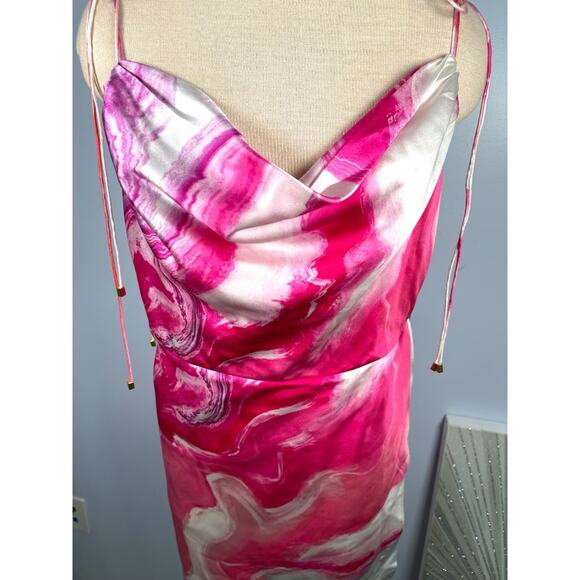 Retrofete Ariella Marbled Cowl Neck Tie Straps Pink and White Mini Dress Sz XXL - Picture 4 of 10